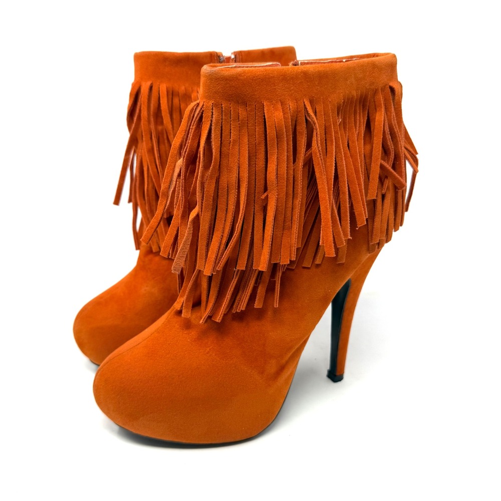 Delicacy Orange Faux Suede Fringe Stiletto Heel Ankle Boots Women's‎ Size 7 - Picture 3 of 12